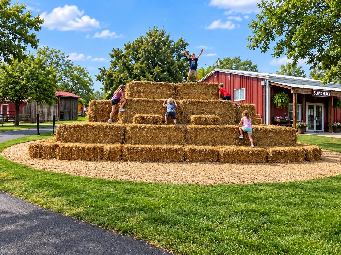 Kids climbing the stepped hay bale tower, one cheering from the top