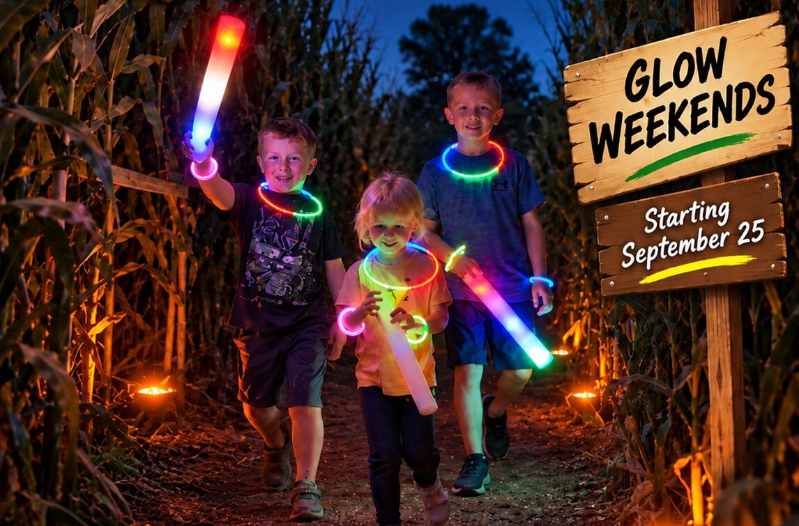 Three kids with glow sticks, necklaces and bracelets walking a lantern-lit path through the corn maze at night, next to a wooden sign reading Glow Weekends, Starting September 25